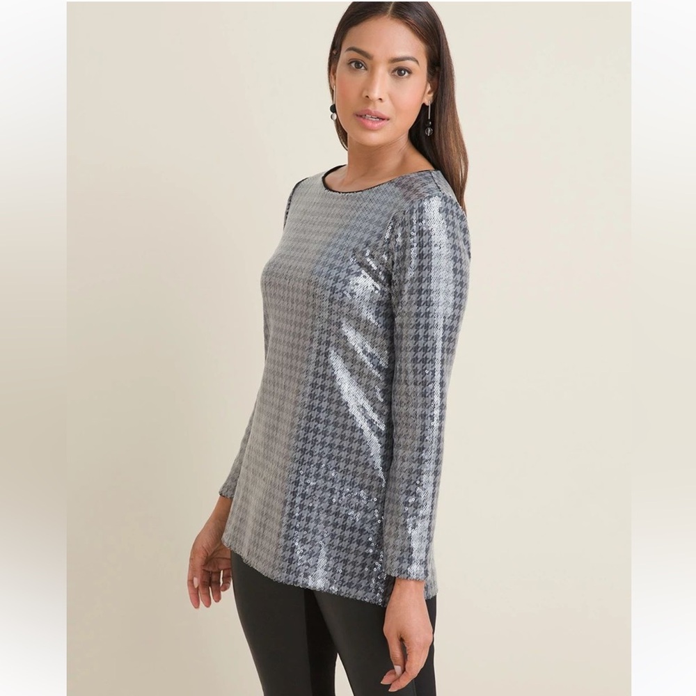 Chicos Women’s Houndstooth Sequence Tunic Top Size Medium Black Silver Pullover